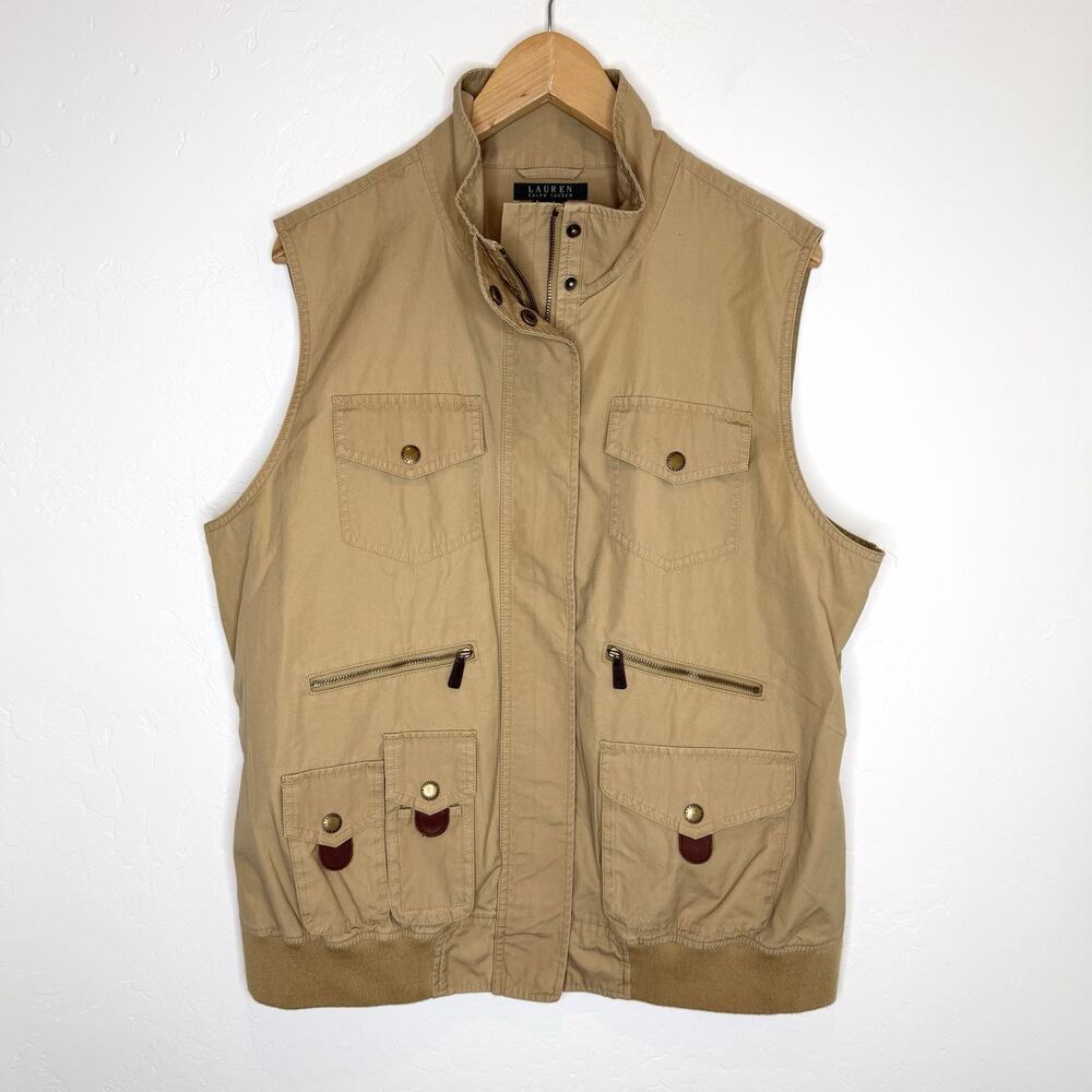 Lauren Ralph Lauren Safari Utility Vest Womens Plus 2X Khaki Tan Zip Button Up